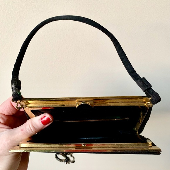 Vintage Black Satin Handbag with Rhinestone Brooch - Picture 3 of 4